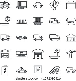 Thin Line Icon Set - dispatcher vector, taxi, airport bus, parking, alarm car, ladder, ambulance, route, truck trailer, delivery, heavy scales, railroad, garage, gate control, battery