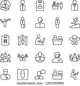 Thin Line Icon Set - dispatcher vector, passport control, security gate, male, manager, pedestal, team, place, doctor, support, client, speaker, identity card, meeting, career ladder, waiter, pass