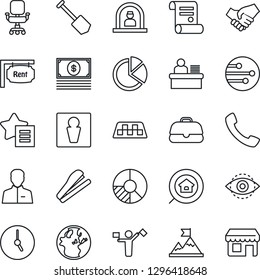 Thin Line Icon Set - dispatcher vector, taxi, male, reception, job, circle chart, contract, favorites list, call, user, clock, network, eye id, pie graph, office chair, manager desk, stapler, rent