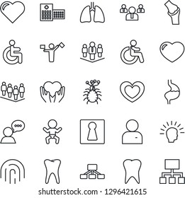 Thin Line Icon Set - dispatcher vector, female, baby, disabled, team, heart, hand, stomach, lungs, tooth, joint, hospital, virus, speaker, user, fingerprint id, company, shining head, hierarchy