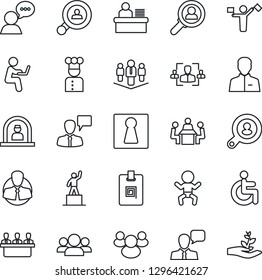 Thin Line Icon Set - dispatcher vector, female, baby, reception, speaking man, pedestal, disabled, client, speaker, group, user, identity card, hr, manager desk, meeting, company, search, cook