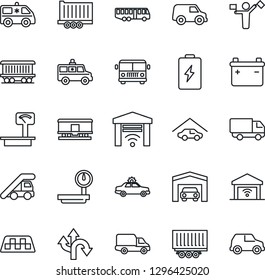 Thin Line Icon Set - dispatcher vector, taxi, airport bus, alarm car, ladder, ambulance, route, railroad, truck trailer, delivery, heavy scales, garage, gate control, battery