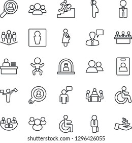 Thin Line Icon Set - dispatcher vector, male, baby, disabled, reception, speaking man, pregnancy, group, company, identity card, manager desk, meeting, career ladder, client search, waiter, consumer