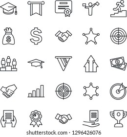 Thin Line Icon Set - dispatcher vector, handshake, dollar sign, pedestal, medal, graduate, money bag, document, cash, bar graph, target, career ladder, police, arrow up, pennon, certificate