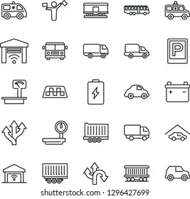 Thin Line Icon Set - dispatcher vector, taxi, airport bus, parking, ambulance car, route, railroad, truck trailer, delivery, heavy scales, garage, gate control, battery