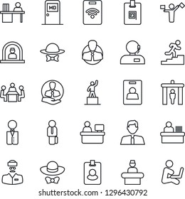 Thin Line Icon Set - dispatcher vector, security gate, reception, medical room, pedestal, manager place, doctor, client, identity card, support, desk, meeting, career ladder, estate agent, waiter