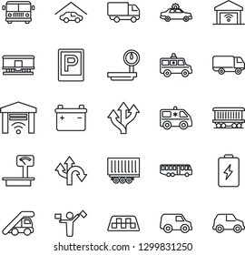Thin Line Icon Set - dispatcher vector, taxi, airport bus, parking, alarm car, ladder, ambulance, route, railroad, truck trailer, delivery, heavy scales, garage, gate control, battery