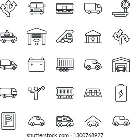 Thin Line Icon Set - dispatcher vector, taxi, airport bus, parking, ladder car, ambulance, route, railroad, truck trailer, delivery, heavy scales, garage, gate control, battery