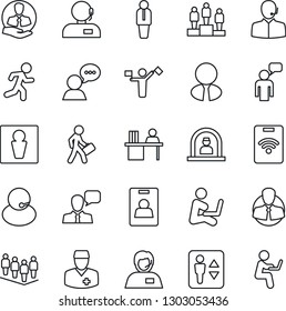 Thin Line Icon Set - dispatcher vector, elevator, male, reception, manager, speaking man, pedestal, team, run, doctor, support, client, speaker, identity card, desk, estate agent, pass