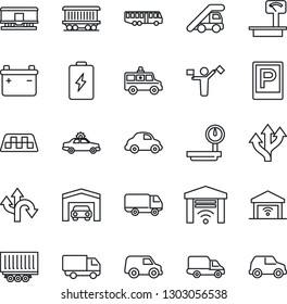 Thin Line Icon Set - dispatcher vector, taxi, airport bus, parking, alarm car, ladder, ambulance, route, railroad, truck trailer, delivery, heavy scales, garage, gate control, battery