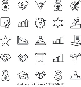 Thin Line Icon Set - dispatcher vector, handshake, dollar sign, graduate, money bag, document, sertificate, bar graph, career ladder, police, target, arrow up, motivation, pennon, crisis, pedestal