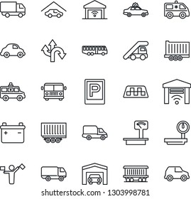 Thin Line Icon Set - dispatcher vector, taxi, airport bus, parking, alarm car, ladder, ambulance, route, railroad, truck trailer, delivery, heavy scales, garage, gate control, battery