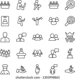 Thin Line Icon Set - dispatcher vector, vip, reception, speaking man, pedestal, team, meeting, pregnancy, speaker, group, user, identity card, hr, manager, client search, cook, consumer