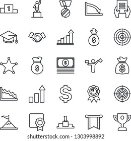 Thin Line Icon Set - dispatcher vector, handshake, growth statistic, dollar sign, pedestal, medal, graduate, money bag, document, sertificate, target, police, motivation, pennon, crisis, cash