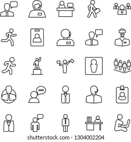 Thin Line Icon Set - dispatcher vector, male, manager, speaking man, pedestal, team, place, run, doctor, support, client, speaker, identity card, desk, waiter, pass, with notebook
