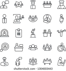 Thin Line Icon Set - dispatcher vector, disabled, reception, speaking man, pedestal, meeting, manager place, doctor, pregnancy, client, speaker, company, identity card, hr, desk, search, waiter
