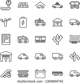 Thin Line Icon Set - dispatcher vector, taxi, airport bus, parking, alarm car, ladder, ambulance, route, railroad, truck trailer, delivery, heavy scales, garage, gate control, battery