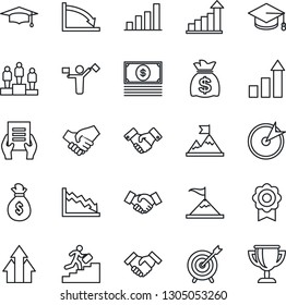 Thin Line Icon Set - dispatcher vector, handshake, growth statistic, pedestal, graduate, money bag, document, sertificate, bar graph, career ladder, target, arrow up, motivation, crisis, cash
