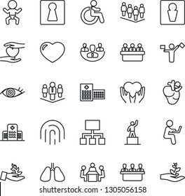 Thin Line Icon Set - dispatcher vector, male, female, baby, disabled, pedestal, team, meeting, heart hand, lungs, real, eye, hospital, fingerprint id, company, palm sproute, hierarchy