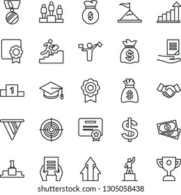 Thin Line Icon Set - dispatcher vector, handshake, growth statistic, dollar sign, pedestal, medal, graduate, money bag, document, cash, sertificate, target, career ladder, arrow up graph, motivation