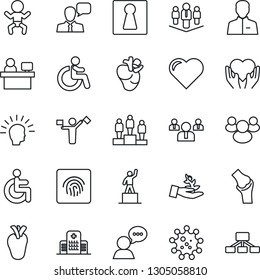 Thin Line Icon Set - dispatcher vector, female, baby, disabled, pedestal, team, manager place, heart, hand, real, joint, hospital, virus, speaker, group, user, fingerprint id, company, palm sproute