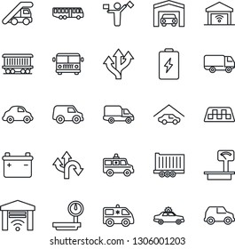 Thin Line Icon Set - dispatcher vector, taxi, airport bus, alarm car, ladder, ambulance, route, railroad, truck trailer, delivery, heavy scales, garage, gate control, battery