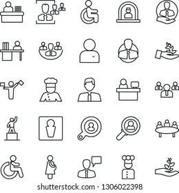 Thin Line Icon Set - dispatcher vector, male, disabled, reception, speaking man, pedestal, team, meeting, manager place, pregnancy, client, user, company, hr, desk, search, estate agent, cook