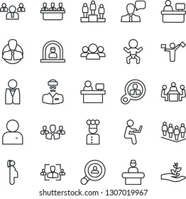 Thin Line Icon Set - dispatcher vector, baby, reception, pedestal, team, manager place, doctor, pregnancy, client, speaker, user, hr, meeting, search, waiter, cook, consumer, group, palm sproute