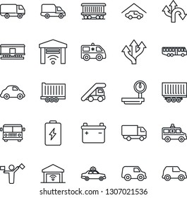 Thin Line Icon Set - dispatcher vector, airport bus, alarm car, ladder, ambulance, route, railroad, truck trailer, delivery, heavy scales, garage, gate control, battery