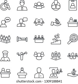 Thin Line Icon Set - dispatcher vector, disabled, reception, bed, team, manager place, client, speaker, group, user, identity card, hr, desk, meeting, career ladder, company, estate agent, cook