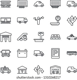 Thin Line Icon Set - dispatcher vector, taxi, airport bus, parking, alarm car, ladder, ambulance, route, railroad, truck trailer, delivery, heavy scales, garage, gate control, battery