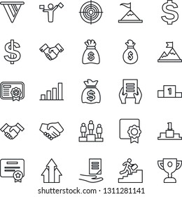 Thin Line Icon Set - dispatcher vector, handshake, dollar sign, pedestal, money bag, document, sertificate, bar graph, target, career ladder, arrow up, motivation, pennon, certificate, award cup