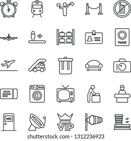 Thin Line Icon Set - dispatcher vector, satellite antenna, fence, departure, train, escalator, alarm clock, no mobile, trash bin, tv, waiting area, vip, ticket, baby room, reception, passport, wind