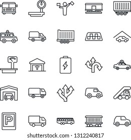 Thin Line Icon Set - dispatcher vector, taxi, airport bus, parking, alarm car, ladder, ambulance, route, railroad, truck trailer, delivery, heavy scales, garage, gate control, battery