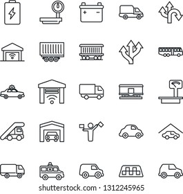 Thin Line Icon Set - dispatcher vector, taxi, airport bus, alarm car, ladder, ambulance, route, railroad, truck trailer, delivery, heavy scales, garage, gate control, battery