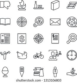 Thin Line Icon Set - dispatcher vector, manager, mail, book, factory, fire, plant label, bike, receipt, search cargo, reel, finger down, clock, hr, blank box, target, paper tray, alcohol, egg stand