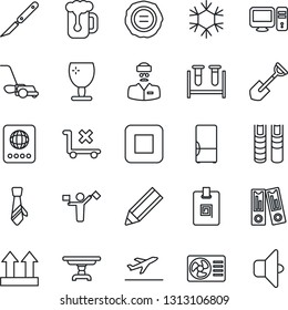 Thin Line Icon Set - dispatcher vector, departure, passport, office binder, stamp, shovel, lawn mower, blood test vial, scalpel, doctor, fragile, up side sign, no trolley, stop button, identity card