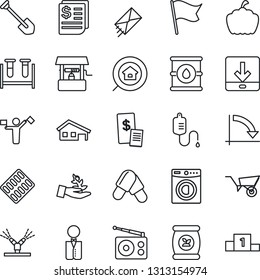 Thin Line Icon Set - dispatcher vector, crisis graph, job, wheelbarrow, well, pumpkin, fertilizer, blood test vial, dropper, pills, blister, receipt, oil barrel, radio, download, house with garage