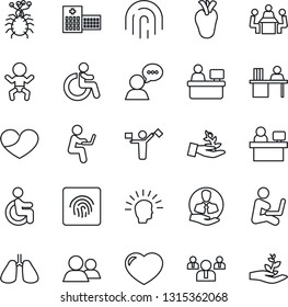 Thin Line Icon Set - dispatcher vector, baby, disabled, team, manager place, lungs, real heart, hospital, virus, client, speaker, group, fingerprint id, desk, meeting, palm sproute, shining head