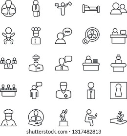 Thin Line Icon Set - dispatcher vector, female, baby, reception, bed, speaking man, pedestal, team, manager place, doctor, client, speaker, group, desk, meeting, waiter, cook, consumer search