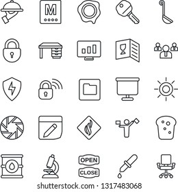 Thin Line Icon Set - dispatcher vector, lock, team, desk, statistic monitor, stamp, sun, dropper, microscope, oil barrel, mobile camera, protect, folder, notes, presentation board, key, wine card