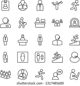 Thin Line Icon Set - dispatcher vector, elevator, male, reception, manager, team, place, run, support, client, speaker, career ladder, waiter, pass card, man with notebook