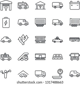 Thin Line Icon Set - dispatcher vector, taxi, airport bus, alarm car, ladder, ambulance, route, railroad, truck trailer, delivery, heavy scales, garage, gate control, battery