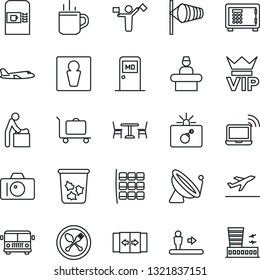 Thin Line Icon Set - dispatcher vector, satellite antenna, departure, baggage trolley, airport bus, hot cup, spoon and fork, cafe, coffee machine, automatic door, escalator, trash bin, male, vip