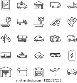 Thin Line Icon Set - dispatcher vector, airport bus, parking, alarm car, ladder, ambulance, route, delivery, heavy scales, railroad, garage, gate control, battery