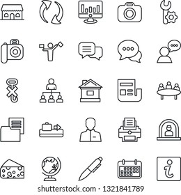 Thin Line Icon Set - dispatcher vector, baggage conveyor, reception, globe, hierarchy, pen, meeting, statistic monitor, house, term, folder document, no hook, camera, dialog, speaker, update, user