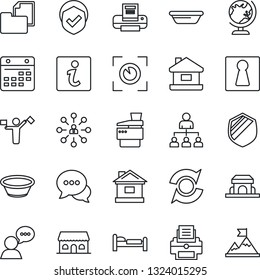 Thin Line Icon Set - dispatcher vector, female, globe, bed, hierarchy, house, folder document, shield, dialog, speaker, calendar, update, printer, copier, cafe building, bowl, eye scan, information