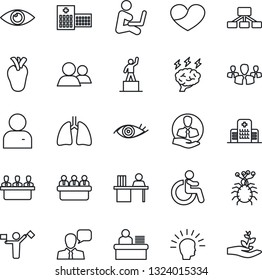 Thin Line Icon Set - Dispatcher Vector, Disabled, Pedestal, Brainstorm, Meeting, Lungs, Real Heart, Eye, Hospital, Virus, Client, Speaker, Group, User, Manager Desk, Shining Head, Hierarchy