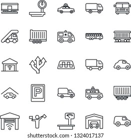Thin Line Icon Set - dispatcher vector, taxi, airport bus, parking, alarm car, ladder, ambulance, route, railroad, truck trailer, delivery, heavy scales, garage, gate control
