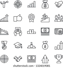Thin Line Icon Set - dispatcher vector, handshake, growth statistic, pedestal, medal, graduate, money bag, document, cash, finger up, sertificate, bar graph, target, career ladder, arrow, crisis